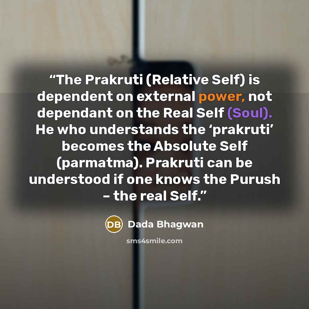 “The Prakruti (Relative Self) is dependent on external power, not dependant on the Real Self (Soul). He who understands the ‘prakruti’ becomes the Absolute Self (parmatma). Prakruti can be understood if one knows the Purush – the real Self.” quote by Dada Bhagwan