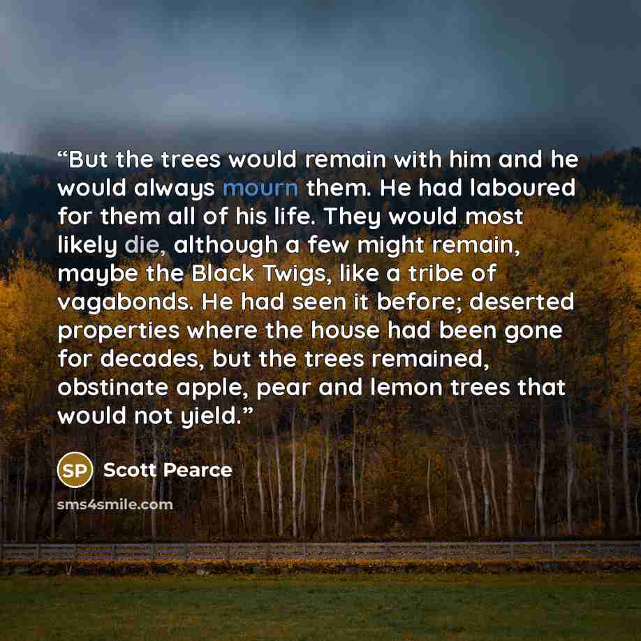 “But the trees would remain with him and he would always mourn them. He had laboured for them all of his life. They would most likely die, although a few might remain, maybe the Black Twigs, like a tribe of vagabonds. He had seen it before; deserted properties where the house had been gone for…” quote by Scott Pearce