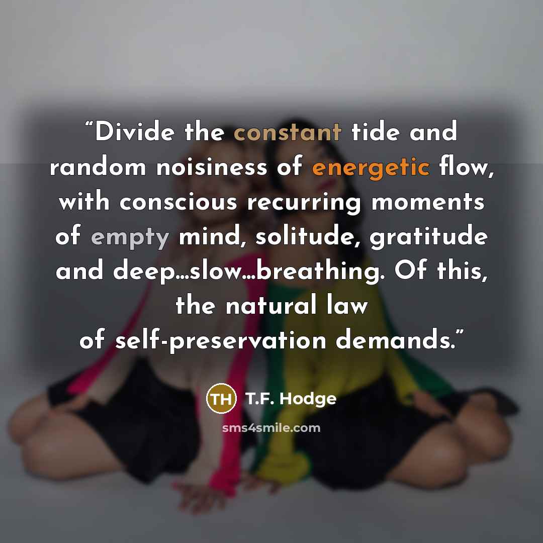 “Divide the constant tide and random noisiness of energetic flow, with conscious recurring moments of empty mind, solitude, gratitude and deep...slow...breathing. Of this, the natural law of self-preservation demands.” quote by T.F. Hodge
