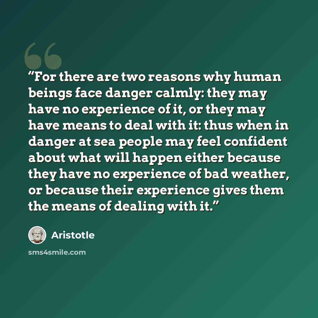 “For there are two reasons why human beings face danger calmly: they may have no experience of it, or they may have means to deal with it: thus when in danger at sea people may feel confident about what will happen either because they have no experience of bad weather, or because their experience…” quote by Aristotle
