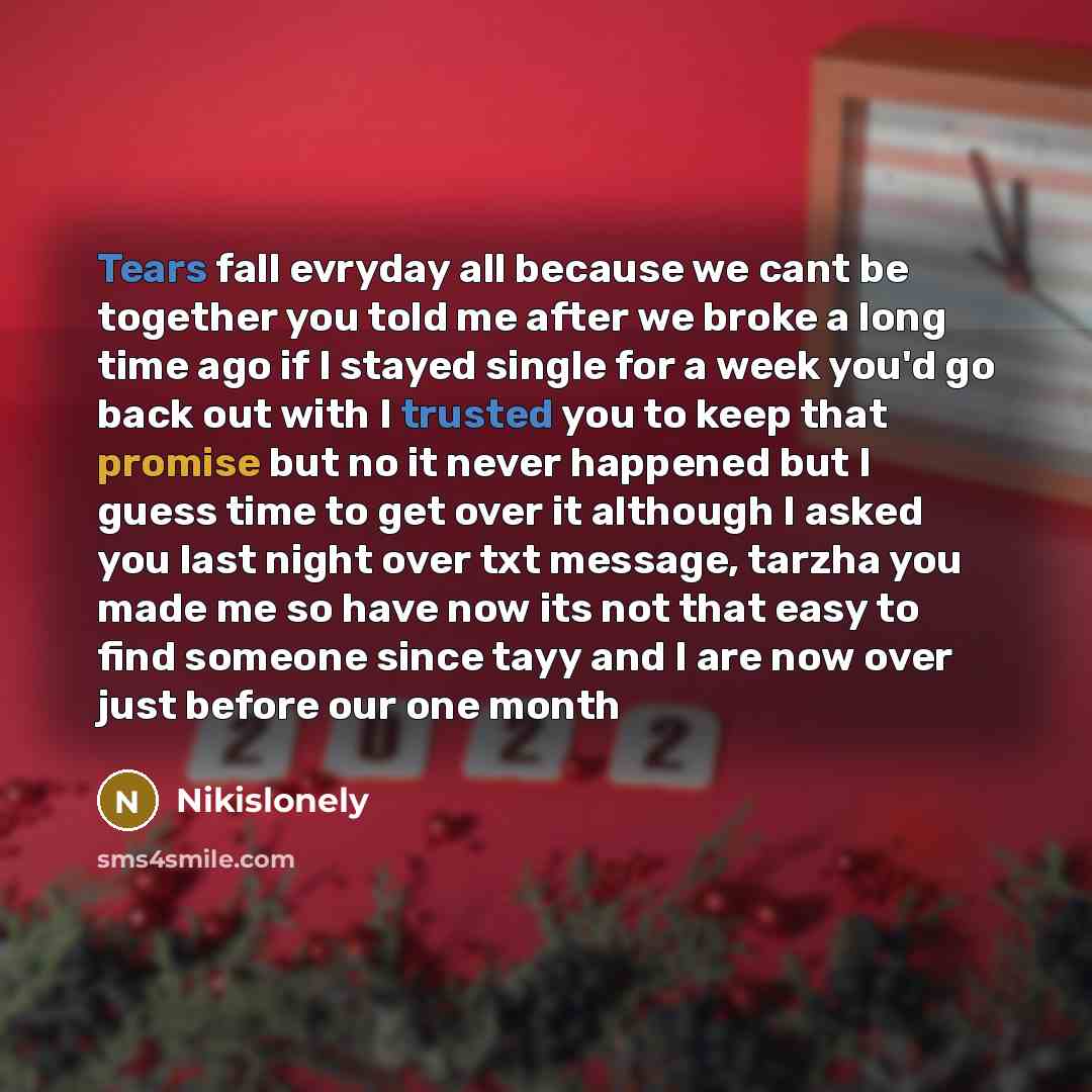 “Tears fall evryday all because we cant be together you told me after we broke a long time ago if I stayed single for a week you'd go back out with I trusted you to keep that promise but no it never happened but I guess time to get over it although I asked you last night over txt message, tarzha…” quote by Nikislonely