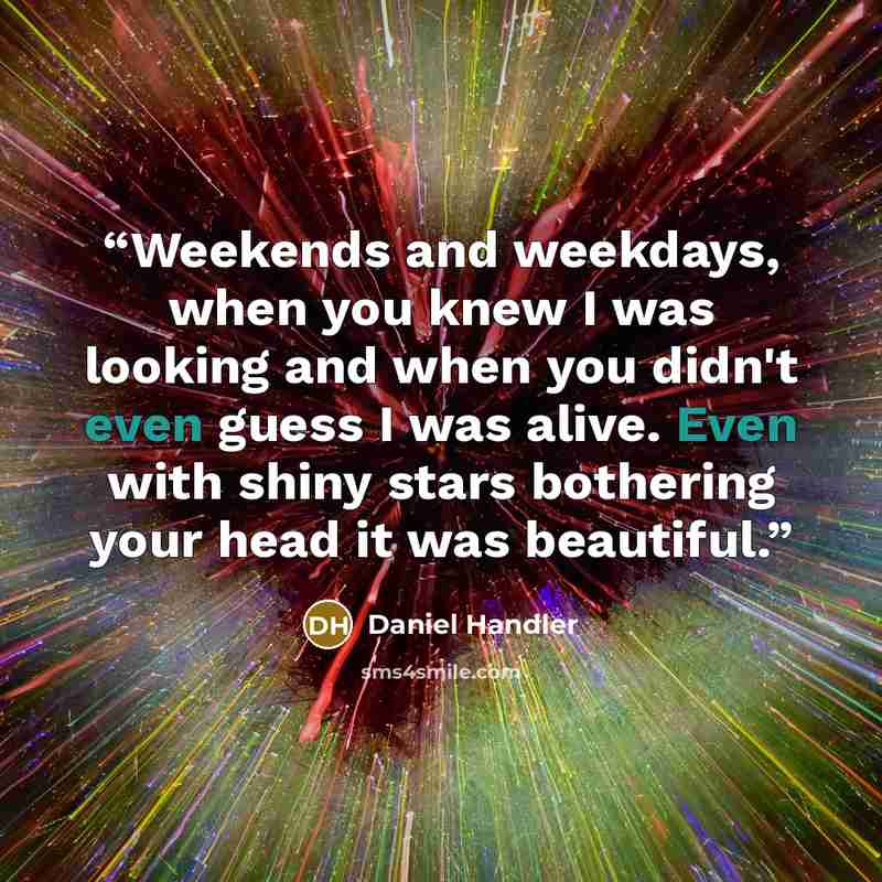 “Weekends and weekdays, when you knew I was looking and when you didn't even guess I was alive. Even with shiny stars bothering your head it was beautiful.” quote by Daniel Handler