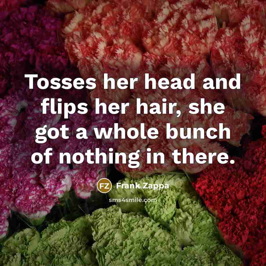 “Tosses her head and flips her hair, she got a whole bunch of nothing in there.” quote by Frank Zappa