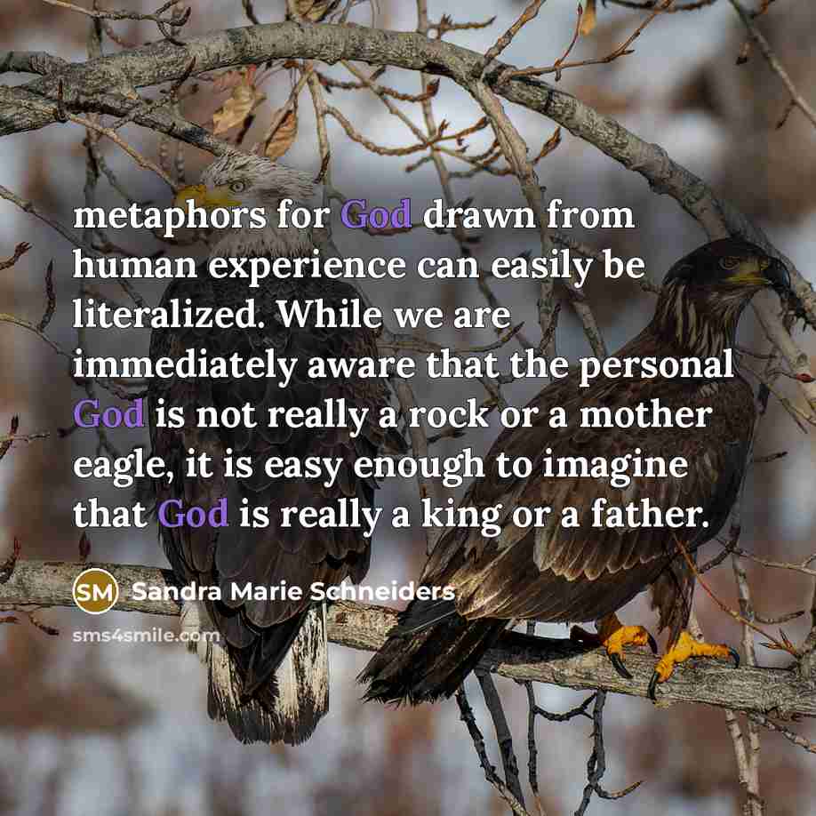 “metaphors for God drawn from human experience can easily be literalized. While we are immediately aware that the personal God is not really a rock or a mother eagle, it is easy enough to imagine that God is really a king or a father.” quote by Sandra Marie Schneiders