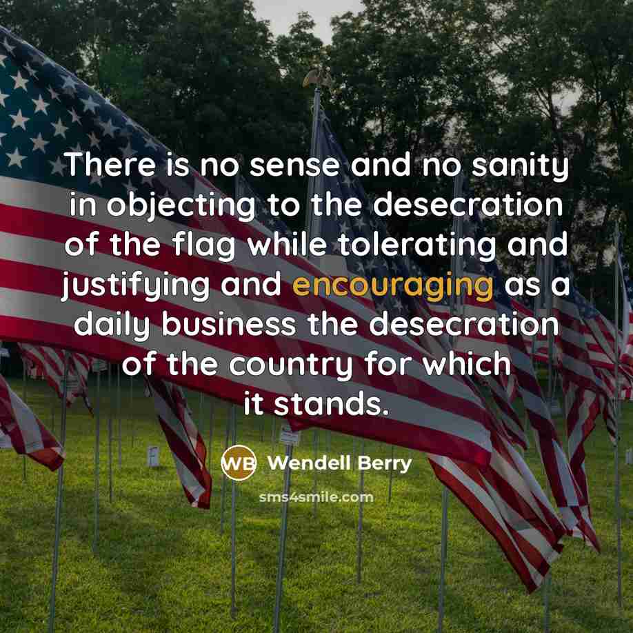 “There is no sense and no sanity in objecting to the desecration of the flag while tolerating and justifying and encouraging as a daily business the desecration of the country for which it stands.” quote by Wendell Berry