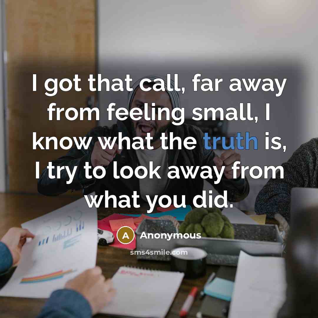 “I got that call, far away from feeling small, I know what the truth is, I try to look away from what you did.” quote by Anonymous