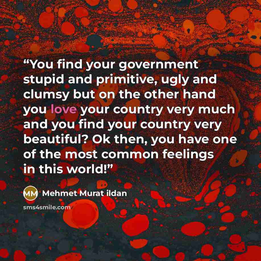 “You find your government stupid and primitive, ugly and clumsy but on the other hand you love your country very much and you find your country very beautiful? Ok then, you have one of the most common feelings in this world!” quote by Mehmet Murat ildan