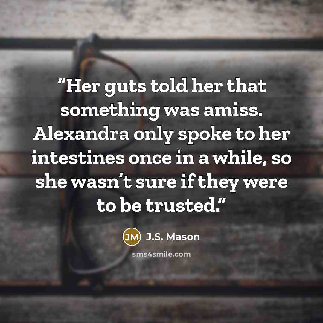 “Her guts told her that something was amiss. Alexandra only spoke to her intestines once in a while, so she wasn’t sure if they were to be trusted.” quote by J.S. Mason