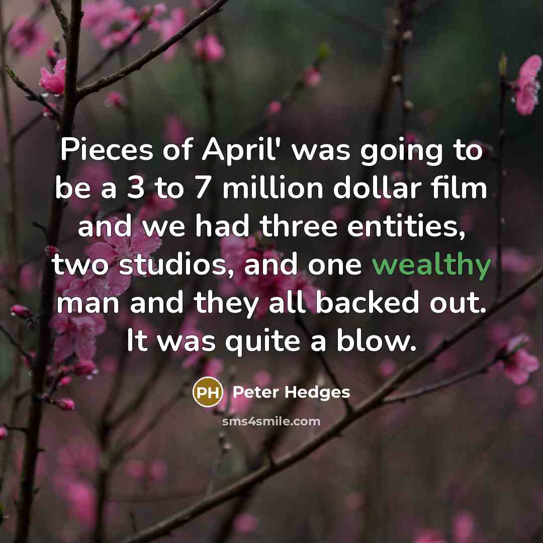 “Pieces of April' was going to be a 3 to 7 million dollar film and we had three entities, two studios, and one wealthy man and they all backed out. It was quite a blow.” quote by Peter Hedges