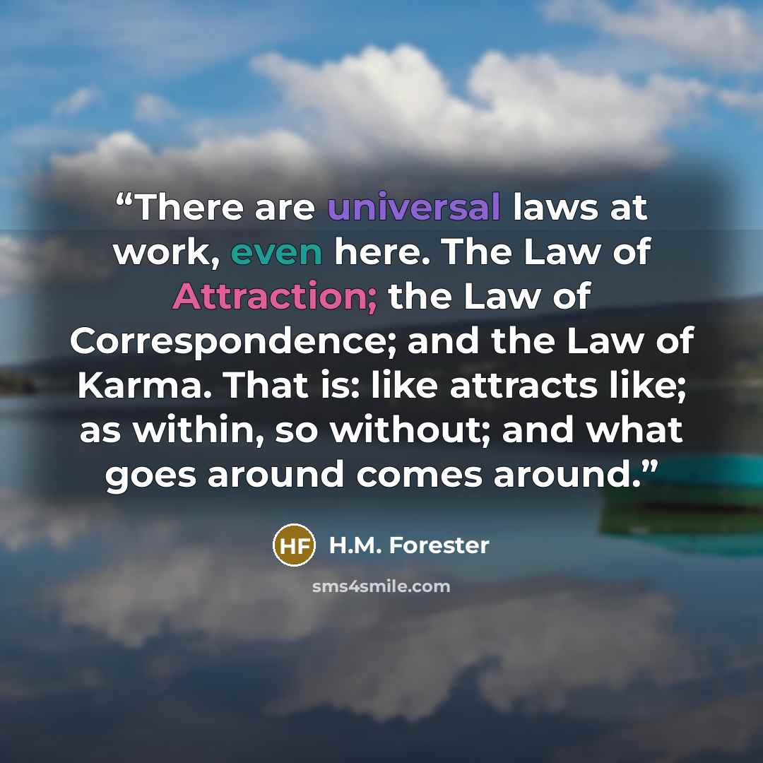 “There are universal laws at work, even here. The Law of Attraction; the Law of Correspondence; and the Law of Karma. That is: like attracts like; as within, so without; and what goes around comes around.” quote by H.M. Forester