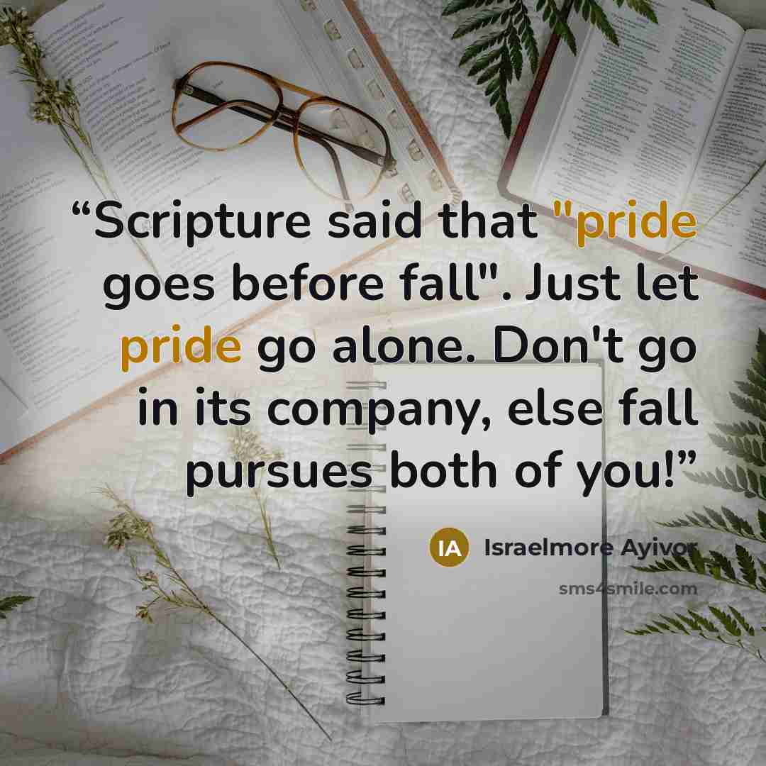 “Scripture said that "pride goes before fall". Just let pride go alone. Don't go in its company, else fall pursues both of you!” quote by Israelmore Ayivor