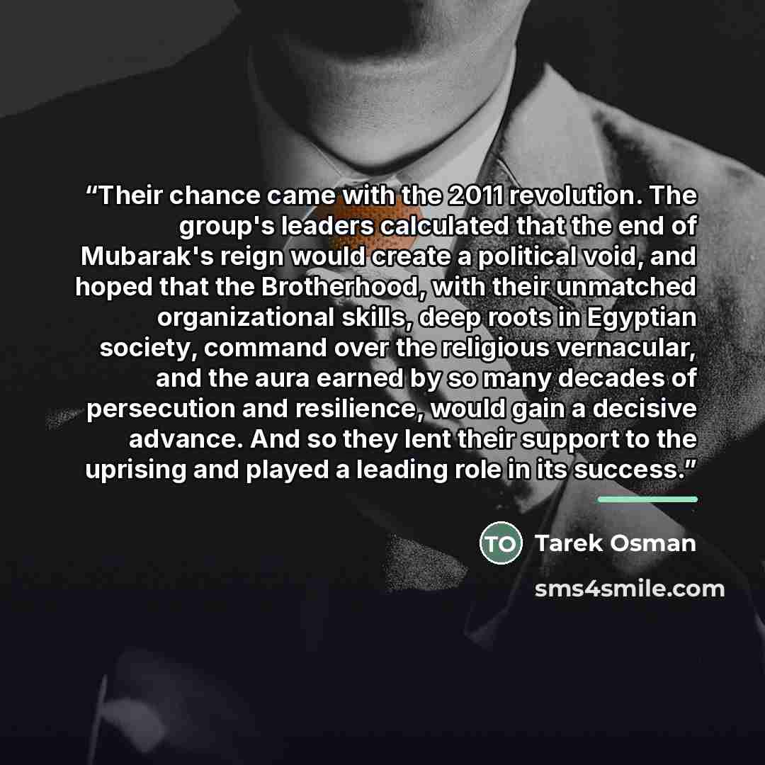 “Their chance came with the 2011 revolution. The group's leaders calculated that the end of Mubarak's reign would create a political void, and hoped that the Brotherhood, with their unmatched organizational skills, deep roots in Egyptian society, command over the religious vernacular, and the aura…” quote by Tarek Osman