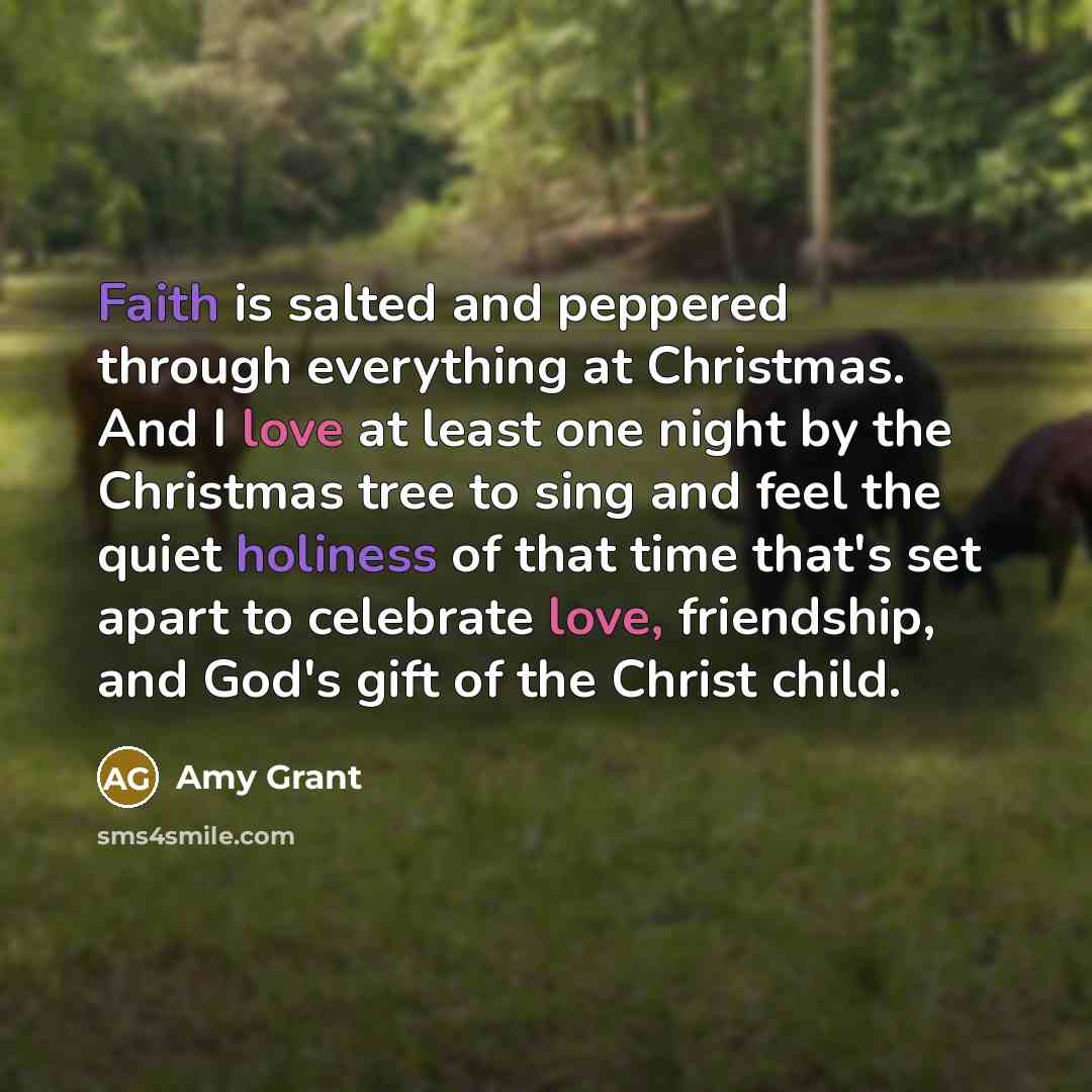 “Faith is salted and peppered through everything at Christmas. And I love at least one night by the Christmas tree to sing and feel the quiet holiness of that time that's set apart to celebrate love, friendship, and God's gift of the Christ child.” quote by Amy Grant