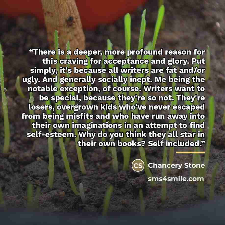 “There is a deeper, more profound reason for this craving for acceptance and glory. Put simply, it's because all writers are fat and/or ugly. And generally socially inept. Me being the notable exception, of course. Writers want to be special, because they're so not. They're losers, overgrown kids…” quote by Chancery Stone
