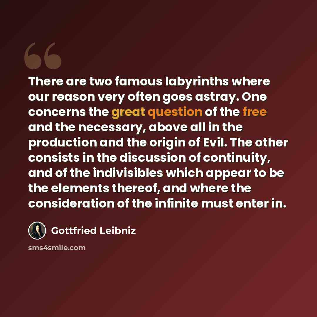 “There are two famous labyrinths where our reason very often goes astray. One concerns the great question of the free and the necessary, above all in the production and the origin of Evil. The other consists in the discussion of continuity, and of the indivisibles which appear to be the elements…” quote by Gottfried Leibniz