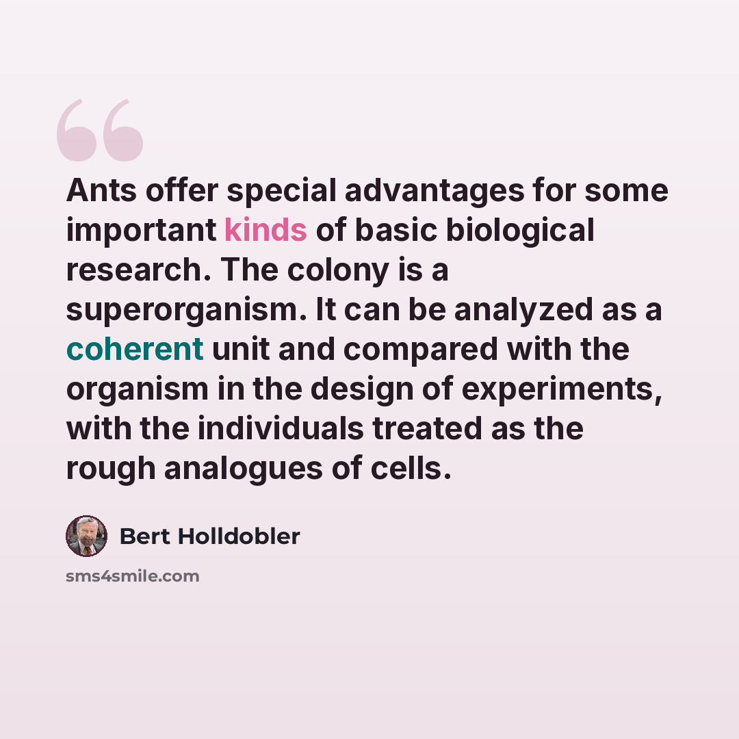 “Ants offer special advantages for some important kinds of basic biological research. The colony is a superorganism. It can be analyzed as a coherent unit and compared with the organism in the design of experiments, with the individuals treated as the rough analogues of cells.” quote by Bert Holldobler