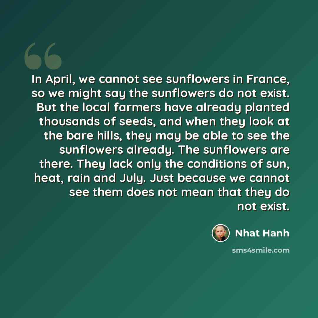 “In April, we cannot see sunflowers in France, so we might say the sunflowers do not exist. But the local farmers have already planted thousands of seeds, and when they look at the bare hills, they may be able to see the sunflowers already. The sunflowers are there. They lack only the conditions of…” quote by Nhat Hanh