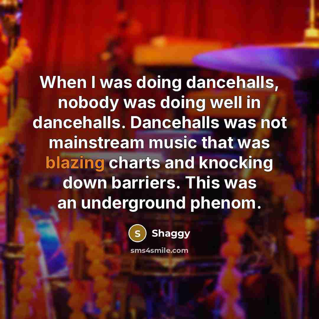 “When I was doing dancehalls, nobody was doing well in dancehalls. Dancehalls was not mainstream music that was blazing charts and knocking down barriers. This was an underground phenom.” quote by Shaggy