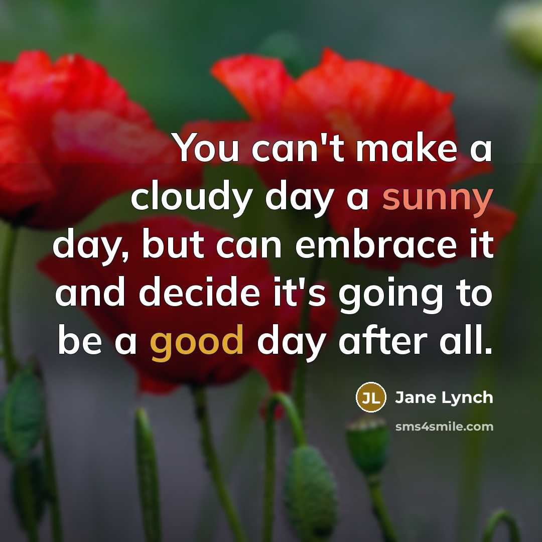 “You can't make a cloudy day a sunny day, but can embrace it and decide it's going to be a good day after all.” quote by Jane Lynch