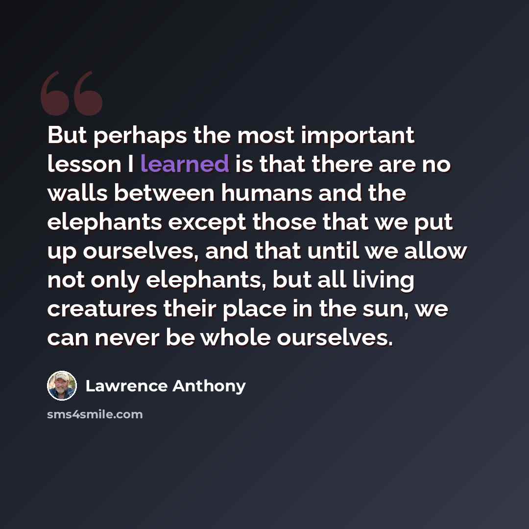 “But perhaps the most important lesson I learned is that there are no walls between humans and the elephants except those that we put up ourselves, and that until we allow not only elephants, but all living creatures their place in the sun, we can never be whole ourselves.” quote by Lawrence Anthony