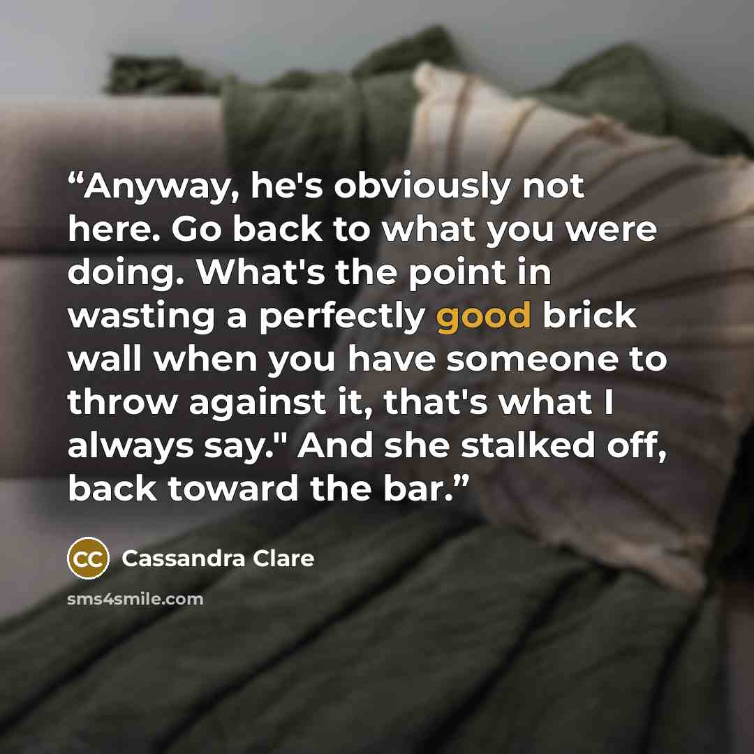 “Anyway, he's obviously not here. Go back to what you were doing. What's the point in wasting a perfectly good brick wall when you have someone to throw against it, that's what I always say." And she stalked off, back toward the bar.” quote by Cassandra Clare
