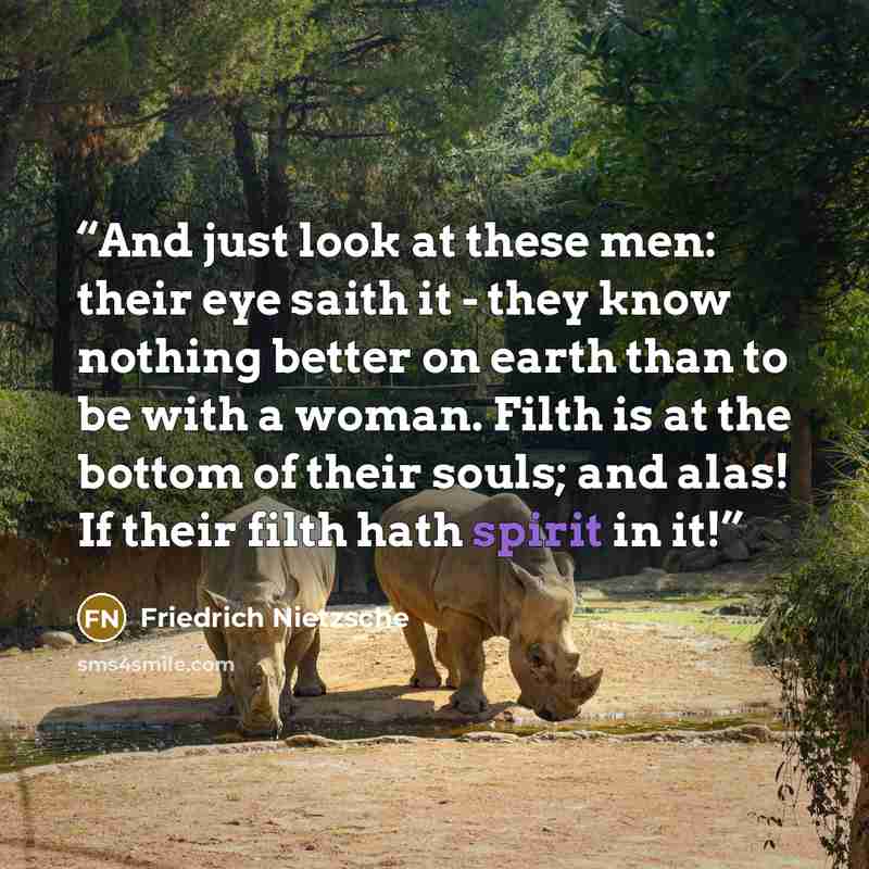 “And just look at these men: their eye saith it - they know nothing better on earth than to be with a woman. Filth is at the bottom of their souls; and alas! If their filth hath spirit in it!” quote by Friedrich Nietzsche