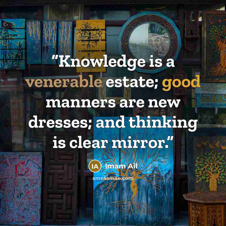 “Knowledge is a venerable estate; good manners are new dresses; and thinking is clear mirror.” quote by Imam Ail