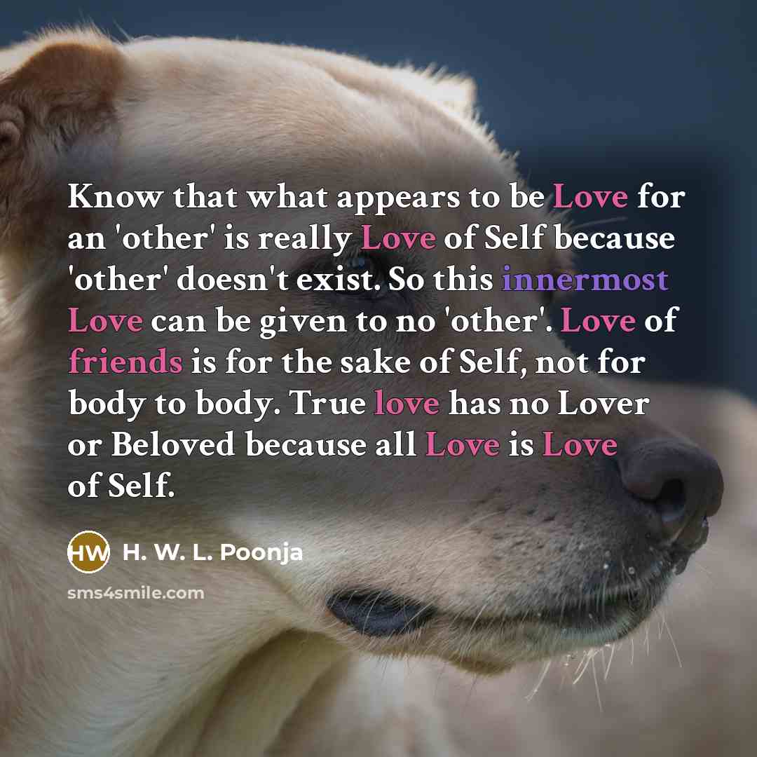 “Know that what appears to be Love for an 'other' is really Love of Self because 'other' doesn't exist. So this innermost Love can be given to no 'other'. Love of friends is for the sake of Self, not for body to body. True love has no Lover or Beloved because all Love is Love of Self.” quote by H. W. L. Poonja