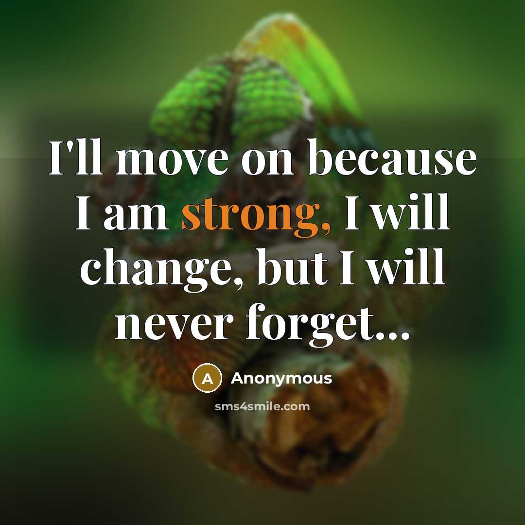 “I'll move on because I am strong, I will change, but I will never forget...” quote by Anonymous