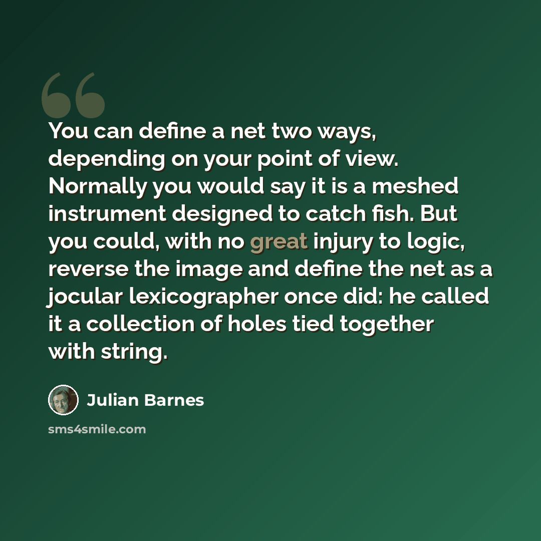 “You can define a net two ways, depending on your point of view. Normally you would say it is a meshed instrument designed to catch fish. But you could, with no great injury to logic, reverse the image and define the net as a jocular lexicographer once did: he called it a collection of holes tied…” quote by Julian Barnes