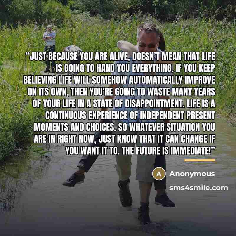 “Just because you are alive, doesn’t mean that life is going to hand you everything. If you keep believing life will somehow automatically improve on its own, then you’re going to waste many years of your life in a state of disappointment. Life is a continuous experience of independent present…” quote by Anonymous