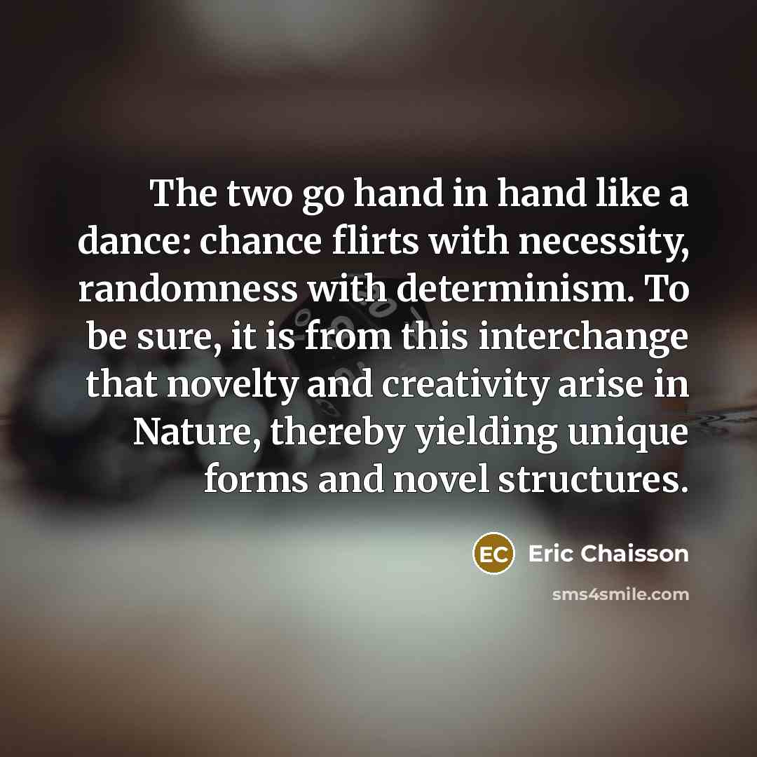 “The two go hand in hand like a dance: chance flirts with necessity, randomness with determinism. To be sure, it is from this interchange that novelty and creativity arise in Nature, thereby yielding unique forms and novel structures.” quote by Eric Chaisson