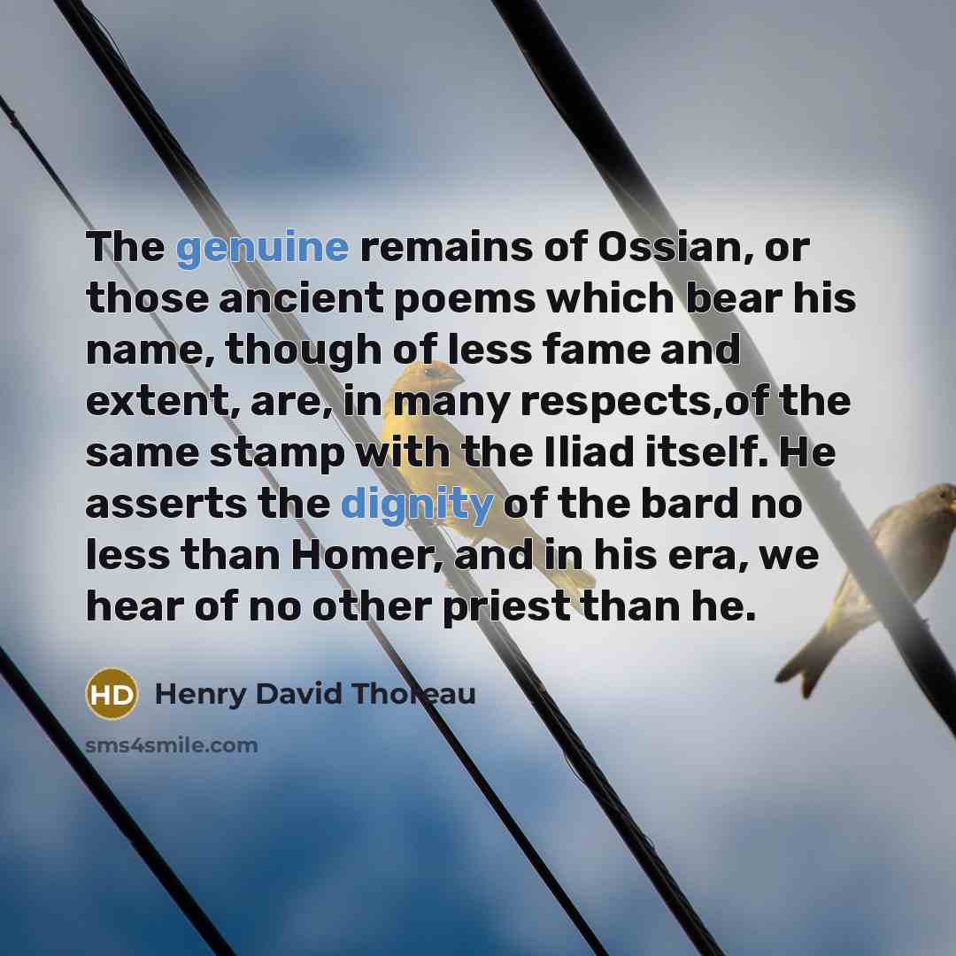 “The genuine remains of Ossian, or those ancient poems which bear his name, though of less fame and extent, are, in many respects,of the same stamp with the Iliad itself. He asserts the dignity of the bard no less than Homer, and in his era, we hear of no other priest than he.” quote by Henry David Thoreau