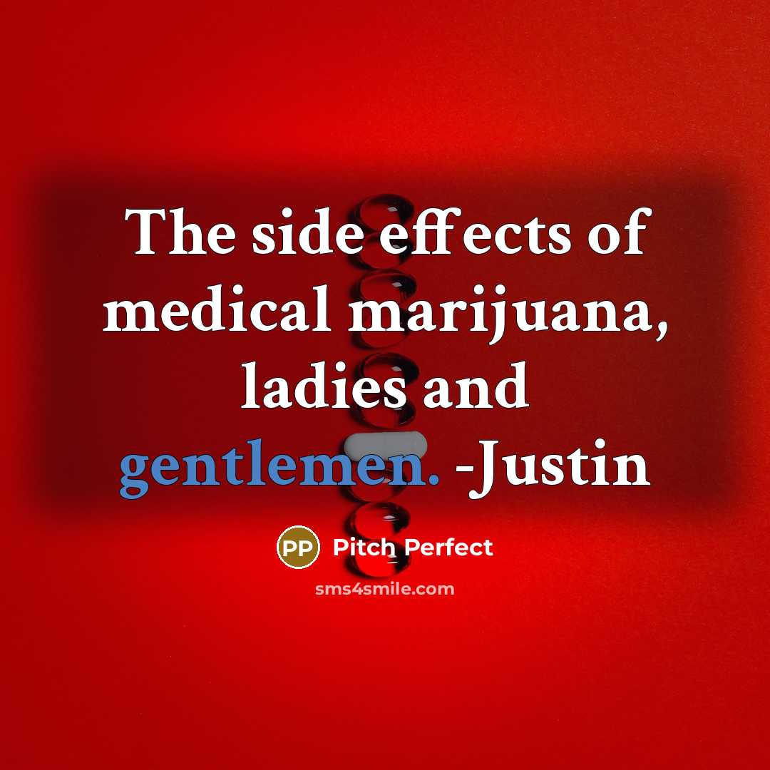 “The side effects of medical marijuana, ladies and gentlemen. -Justin” quote by Pitch Perfect
