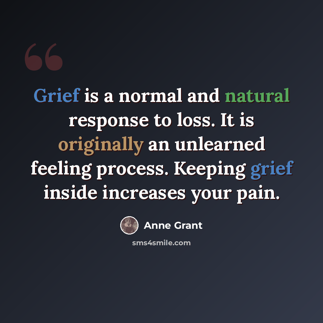 “Grief is a normal and natural response to loss. It is originally an unlearned feeling process. Keeping grief inside increases your pain.” quote by Anne Grant