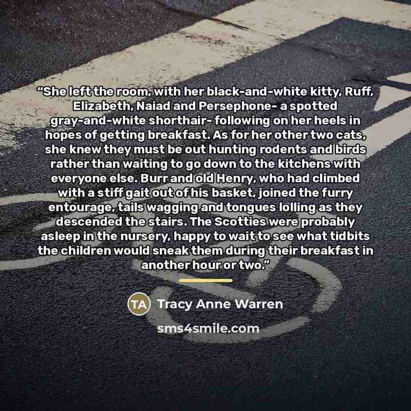 “She left the room, with her black-and-white kitty, Ruff, Elizabeth, Naiad and Persephone- a spotted gray-and-white shorthair- following on her heels in hopes of getting breakfast. As for her other two cats, she knew they must be out hunting rodents and birds rather than waiting to go down to the…” quote by Tracy Anne Warren