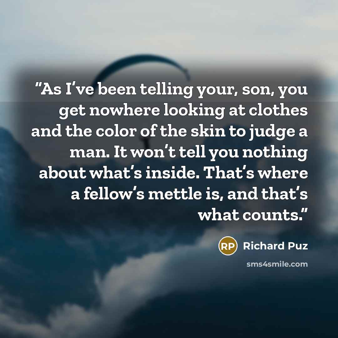 “As I’ve been telling your, son, you get nowhere looking at clothes and the color of the skin to judge a man. It won’t tell you nothing about what’s inside. That’s where a fellow’s mettle is, and that’s what counts.” quote by Richard Puz