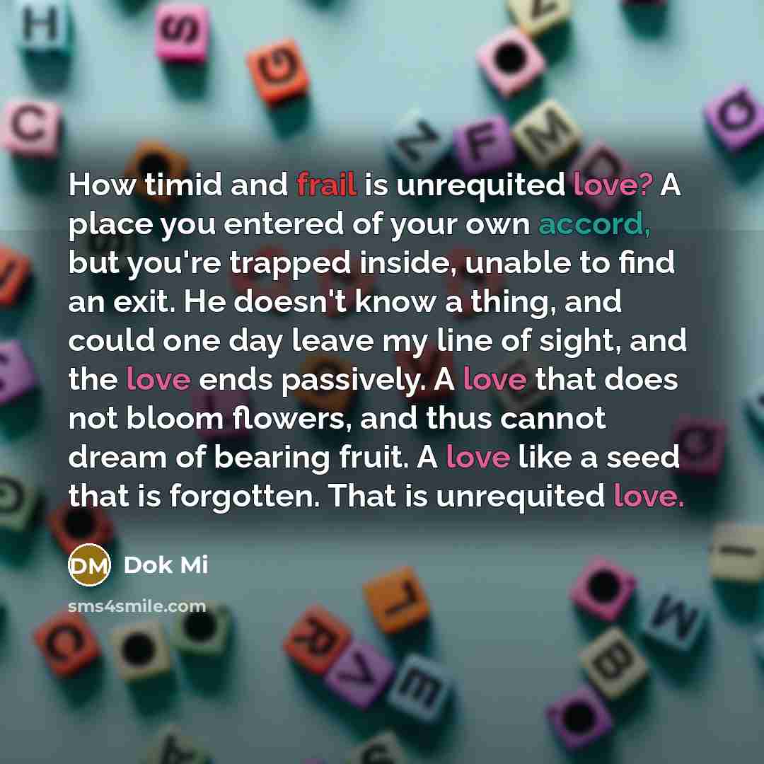 “How timid and frail is unrequited love? A place you entered of your own accord, but you're trapped inside, unable to find an exit. He doesn't know a thing, and could one day leave my line of sight, and the love ends passively. A love that does not bloom flowers, and thus cannot dream of bearing…” quote by Dok Mi