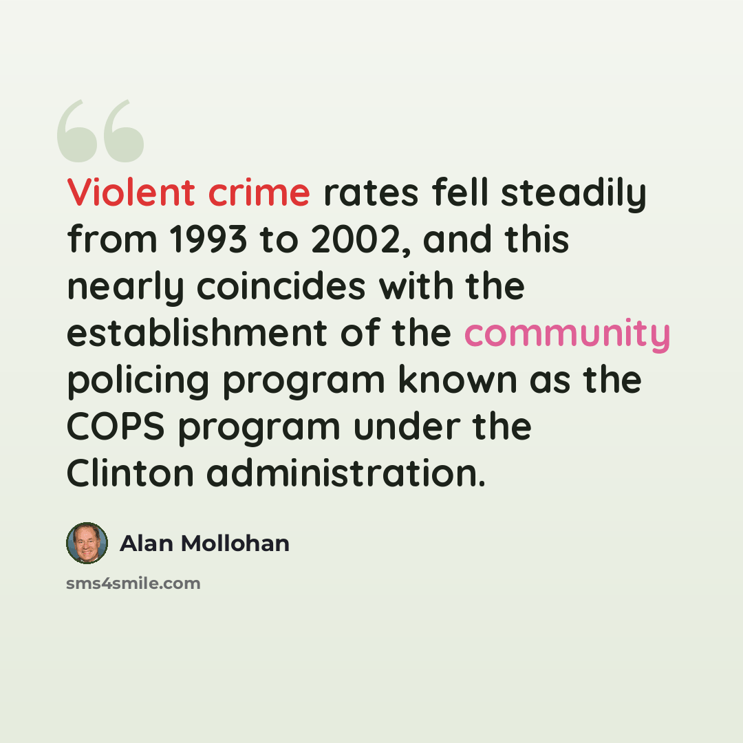 “Violent crime rates fell steadily from 1993 to 2002, and this nearly coincides with the establishment of the community policing program known as the COPS program under the Clinton administration.” quote by Alan Mollohan