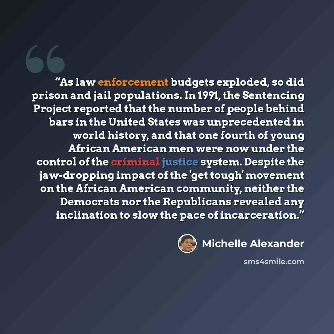 “As law enforcement budgets exploded, so did prison and jail populations. In 1991, the Sentencing Project reported that the number of people behind bars in the United States was unprecedented in world history, and that one fourth of young African American men were now under the control of the…” quote by Michelle Alexander