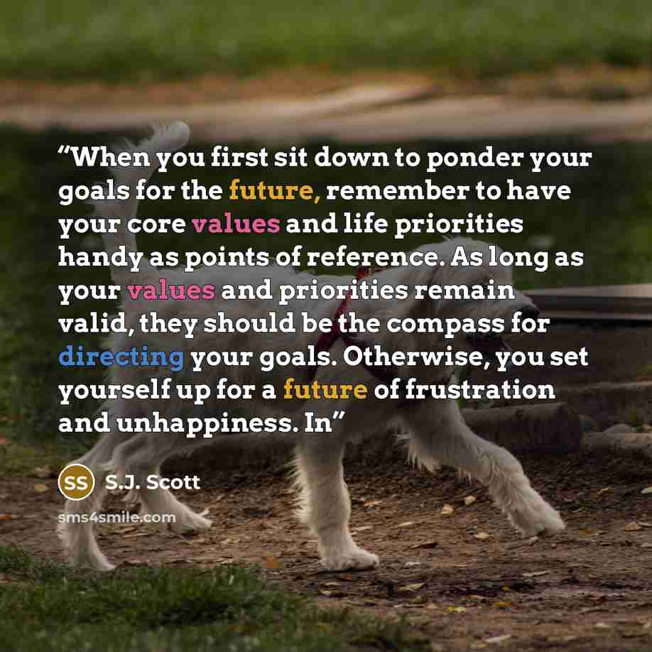 “When you first sit down to ponder your goals for the future, remember to have your core values and life priorities handy as points of reference. As long as your values and priorities remain valid, they should be the compass for directing your goals. Otherwise, you set yourself up for a future of…” quote by S.J. Scott