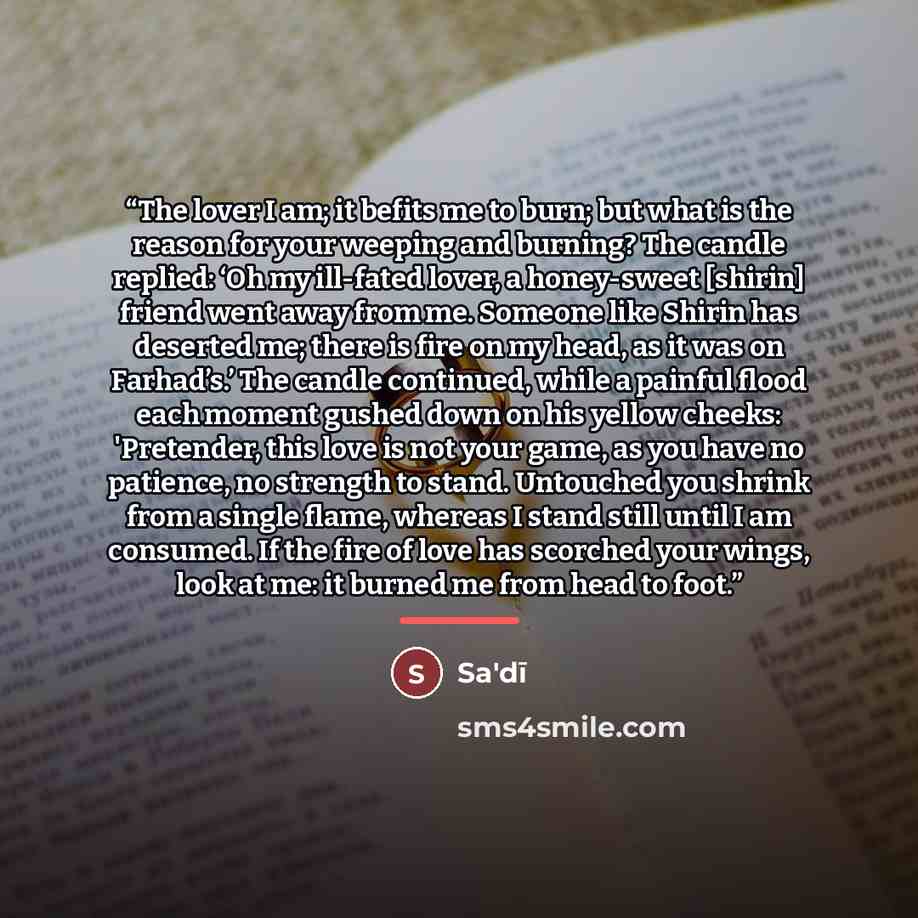 “The lover I am; it befits me to burn; but what is the reason for your weeping and burning? The candle replied: ‘Oh my ill-fated lover, a honey-sweet [shirin] friend went away from me. Someone like Shirin has deserted me; there is fire on my head, as it was on Farhad’s.’ The candle continued, while…” quote by Anonymous