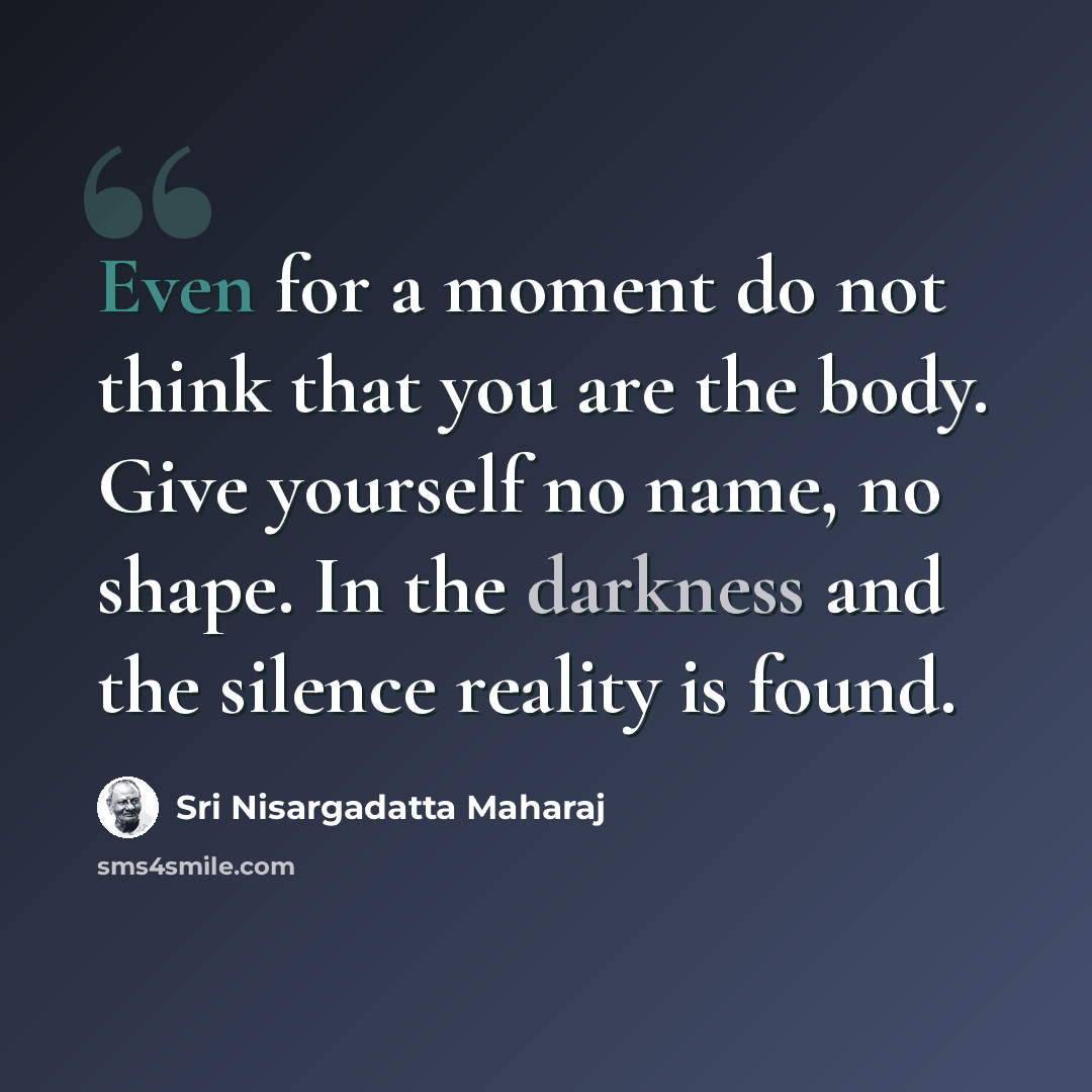 “Even for a moment do not think that you are the body. Give yourself no name, no shape. In the darkness and the silence reality is found.” quote by Sri Nisargadatta Maharaj