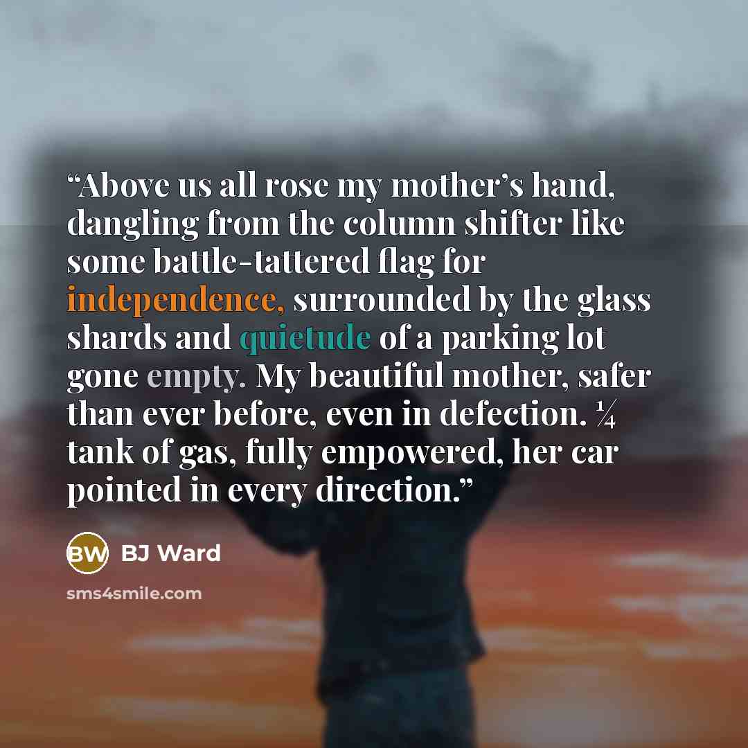 “Above us all rose my mother’s hand, dangling from the column shifter like some battle-tattered flag for independence, surrounded by the glass shards and quietude of a parking lot gone empty. My beautiful mother, safer than ever before, even in defection. ¼ tank of gas, fully empowered, her car…” quote by BJ Ward
