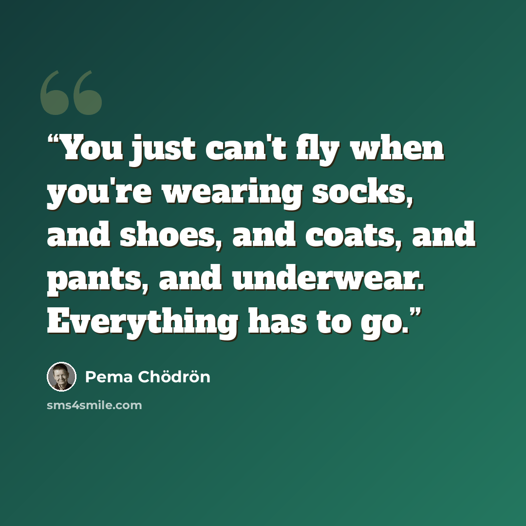 “You just can't fly when you're wearing socks, and shoes, and coats, and pants, and underwear. Everything has to go.” quote by Pema Chödrön