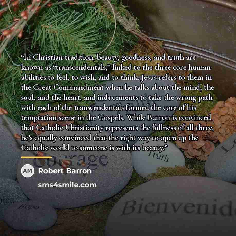 “In Christian tradition, beauty, goodness, and truth are known as “transcendentals,” linked to the three core human abilities to feel, to wish, and to think. Jesus refers to them in the Great Commandment when he talks about the mind, the soul, and the heart, and inducements to take the wrong path…” quote by Robert Barron
