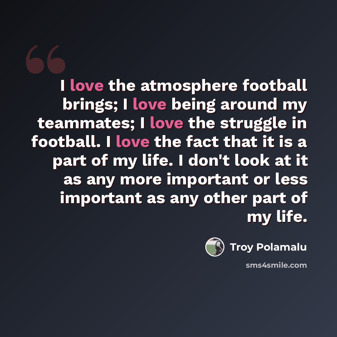 “I love the atmosphere football brings; I love being around my teammates; I love the struggle in football. I love the fact that it is a part of my life. I don't look at it as any more important or less important as any other part of my life.” quote by Troy Polamalu