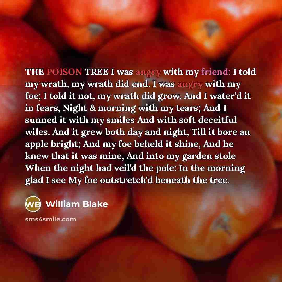 “THE POISON TREE I was angry with my friend: I told my wrath, my wrath did end. I was angry with my foe; I told it not, my wrath did grow. And I water'd it in fears, Night & morning with my tears; And I sunned it with my smiles And with soft deceitful wiles. And it grew both day and night, Till it…” quote by William Blake