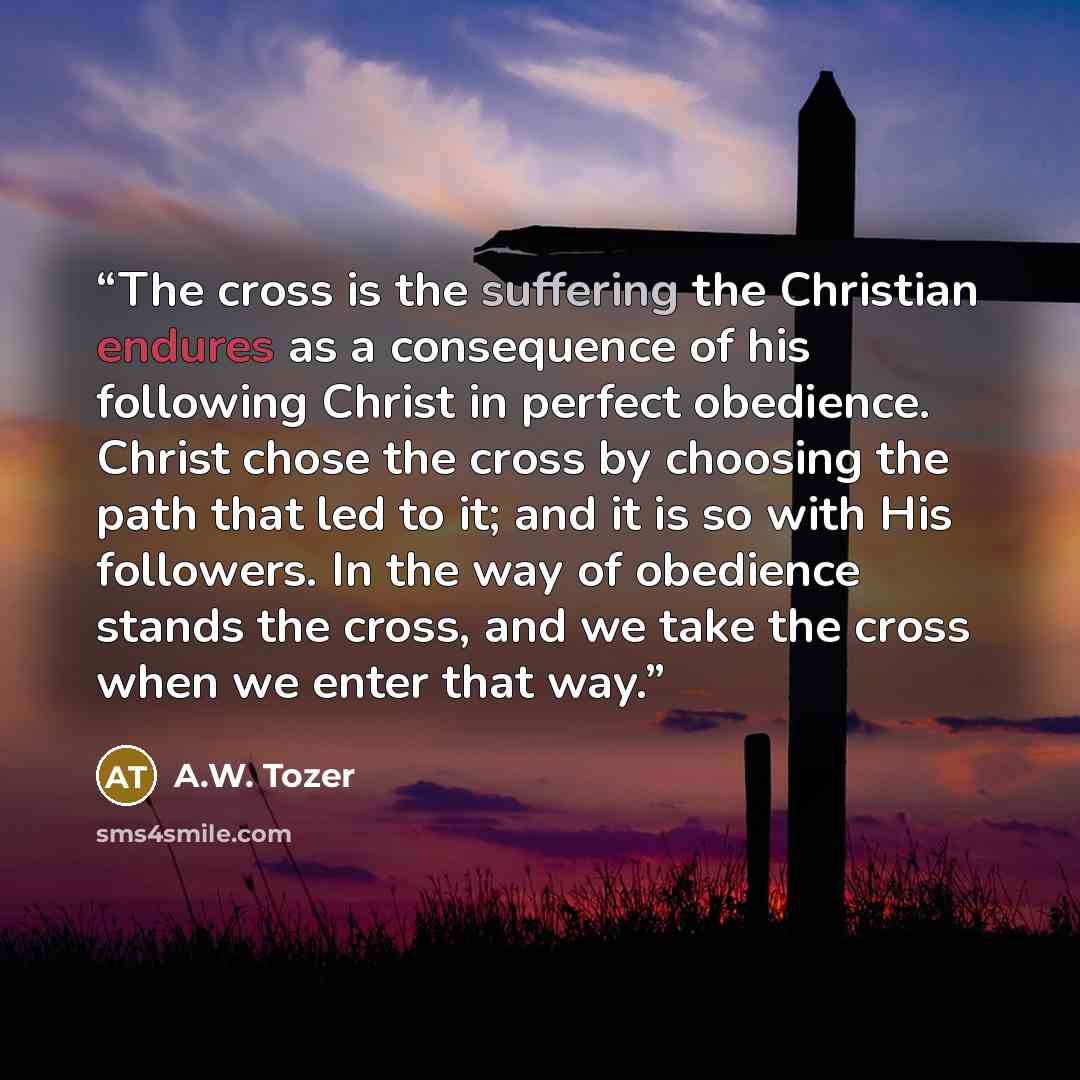 “The cross is the suffering the Christian endures as a consequence of his following Christ in perfect obedience. Christ chose the cross by choosing the path that led to it; and it is so with His followers. In the way of obedience stands the cross, and we take the cross when we enter that way.” quote by A.W. Tozer