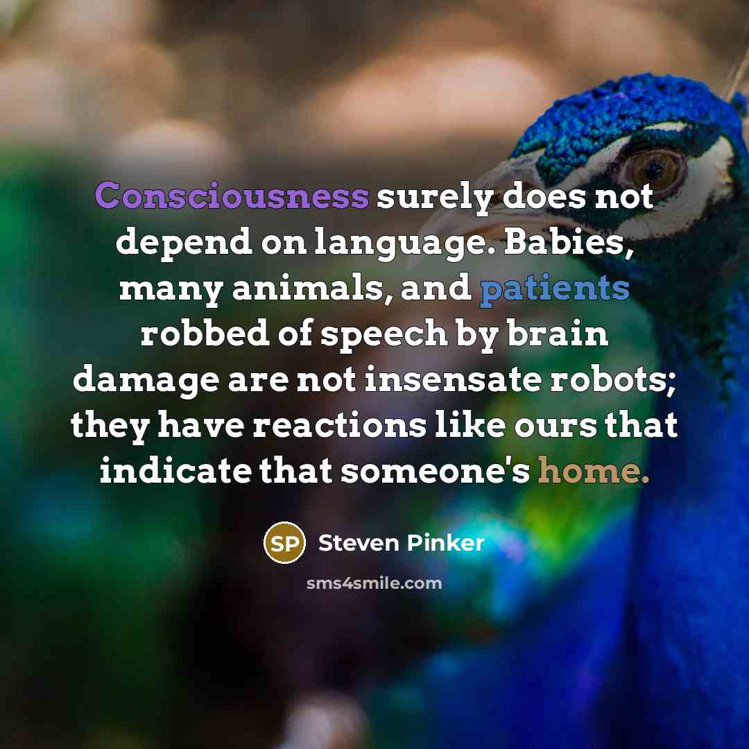 “Consciousness surely does not depend on language. Babies, many animals, and patients robbed of speech by brain damage are not insensate robots; they have reactions like ours that indicate that someone's home.” quote by Steven Pinker
